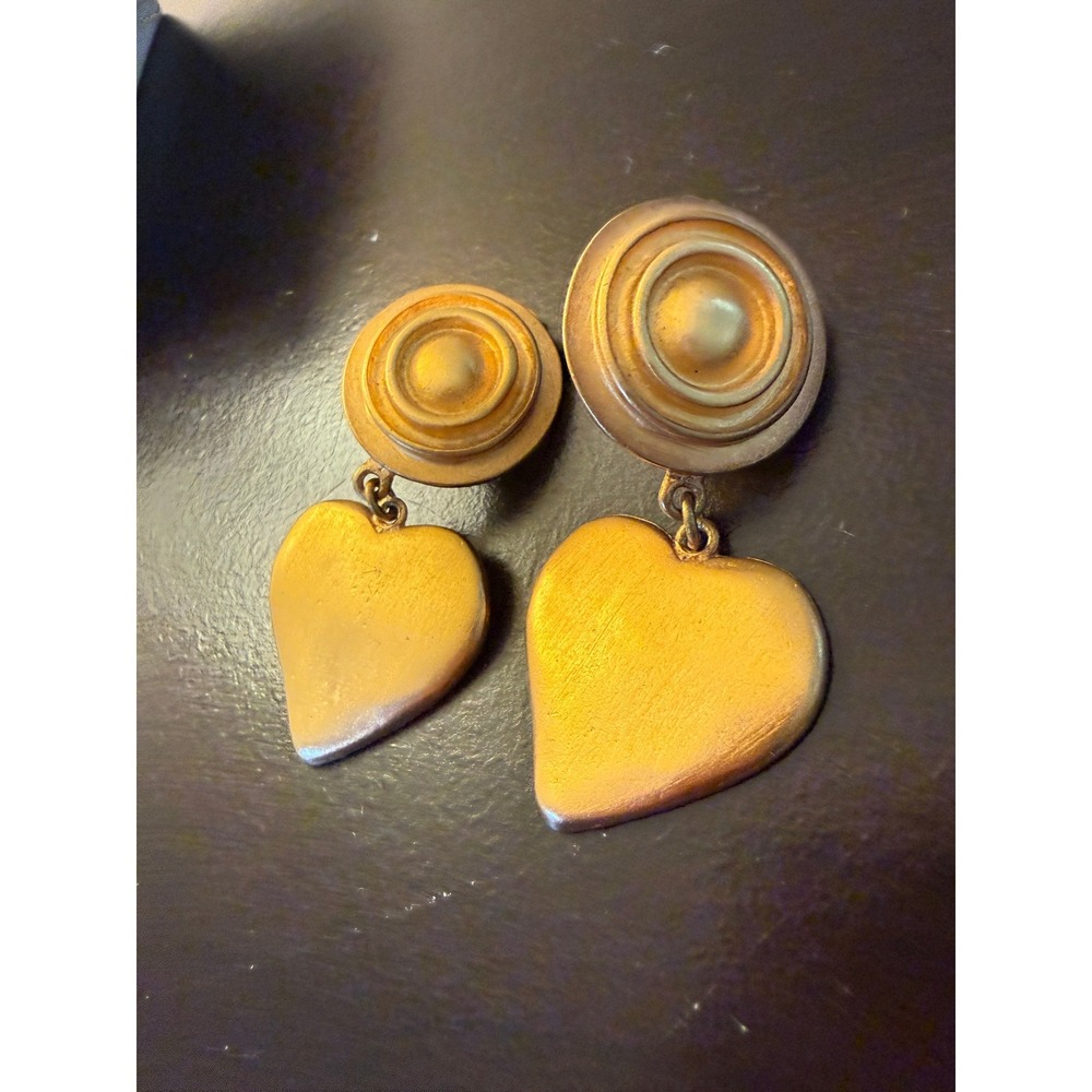 Vintage Gold Tone Heart Dangle Drop Clip On Earrings Statement 80s Retro Glam